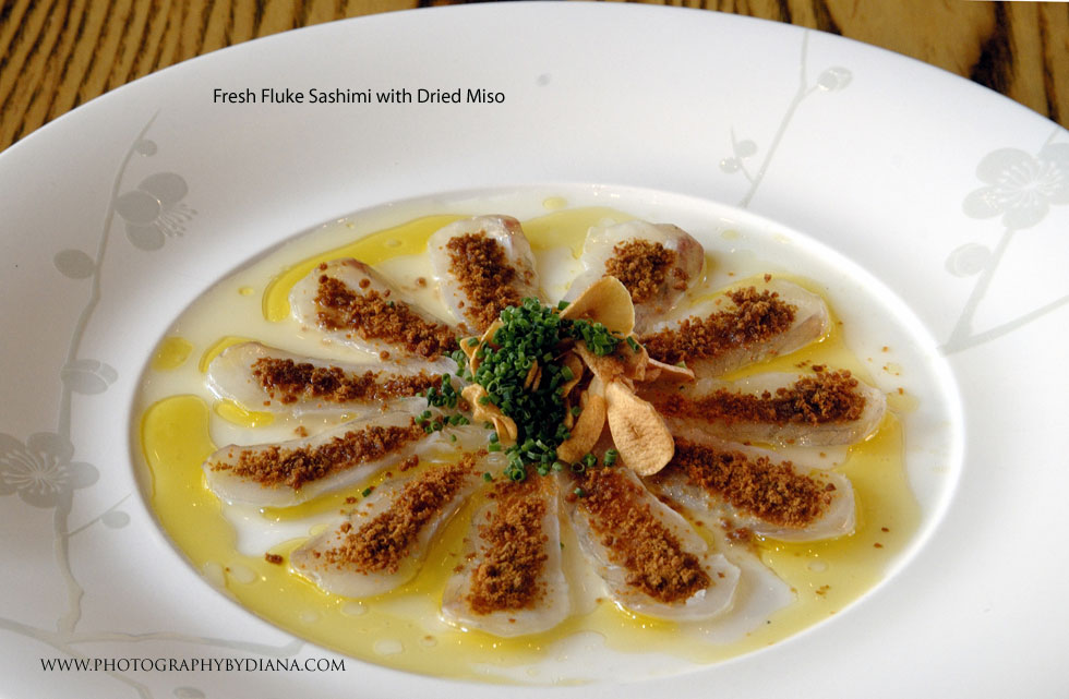 ** This photograph is copyrighted and protected, visit www.photographybydiana.com for more information  **    photo of: Nobuyuki Matsuhisa Fresh Fluke Sashimi with Dried Miso 