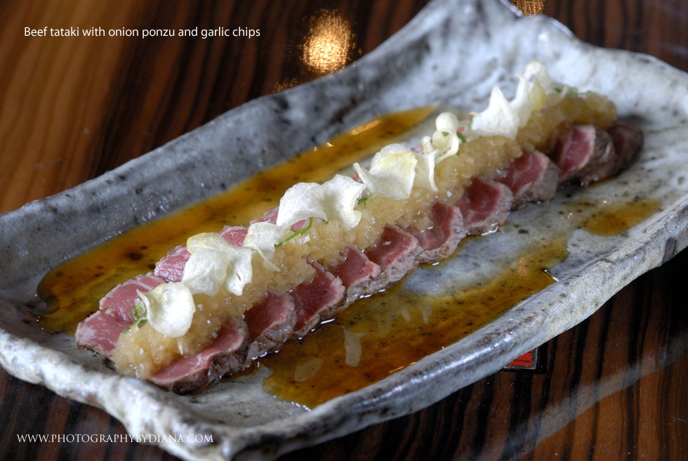 ** This photograph is copyrighted and protected, visit www.photographybydiana.com for more information  **    photo of: Nobuyuki Matsuhisa Beef tataki with onion ponzu and garlic chips 