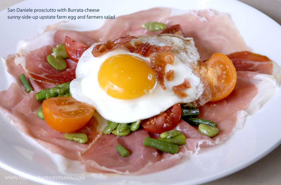 San Daniele prosciutto with Burrata cheese sunny-side-up upstate farm egg and farmers salad