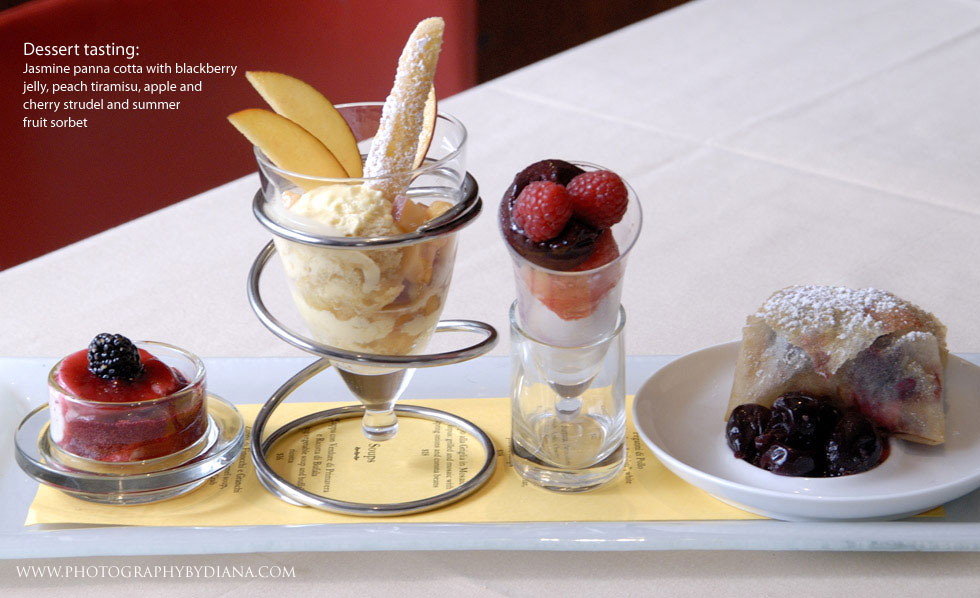     photo of: Dessert tasting: Jasmine panna cotta with blackberry jelly, peach tiramisu, apple and cherry strudel and summer fruit sorbet