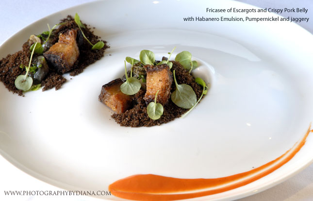     photo of: Ken Oringer -  Fricasee of Escargots and Crispy Pork Belly with Habanero Emulsion, Pumpernickel and jaggery 