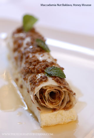 ** This photograph is copyrighted and protected, visit www.photographybydiana.com for more information  **    photo of: Craig Hopson -  Maccadamia Nut Baklava, Honey Mousse 