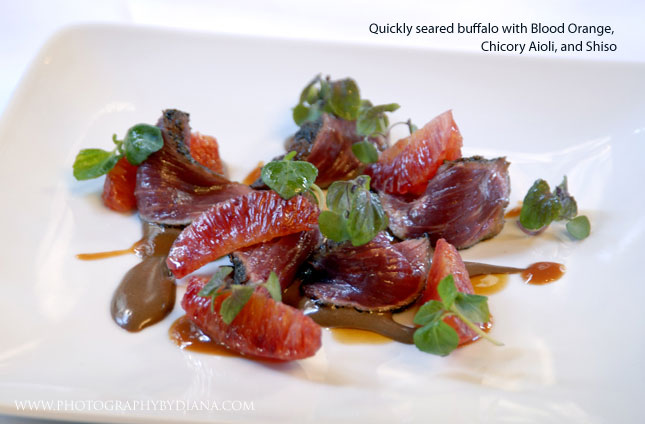 ** This photograph is copyrighted and protected, visit www.photographybydiana.com for more information  **    photo of: Craig Hopson -  Quickly seared buffalo with Blood Orange, Chicory Aioli, and Shiso 