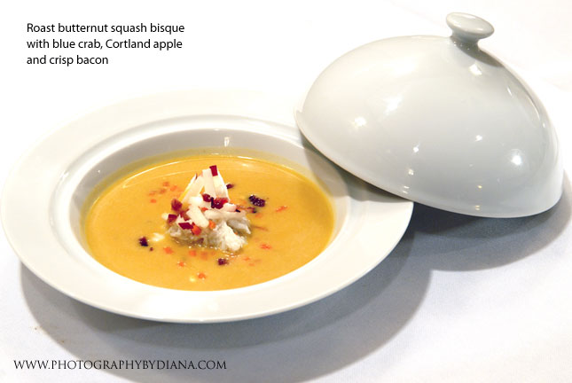Larry Forgione: Roast butternut squash bisque with blue crab, Cortland apple and crisp bacon 
