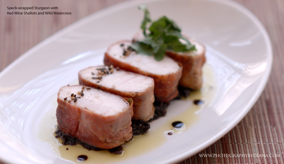     photo of: Speck-wrapped Sturgeon with Red Wine Shallots and Wild Watercress